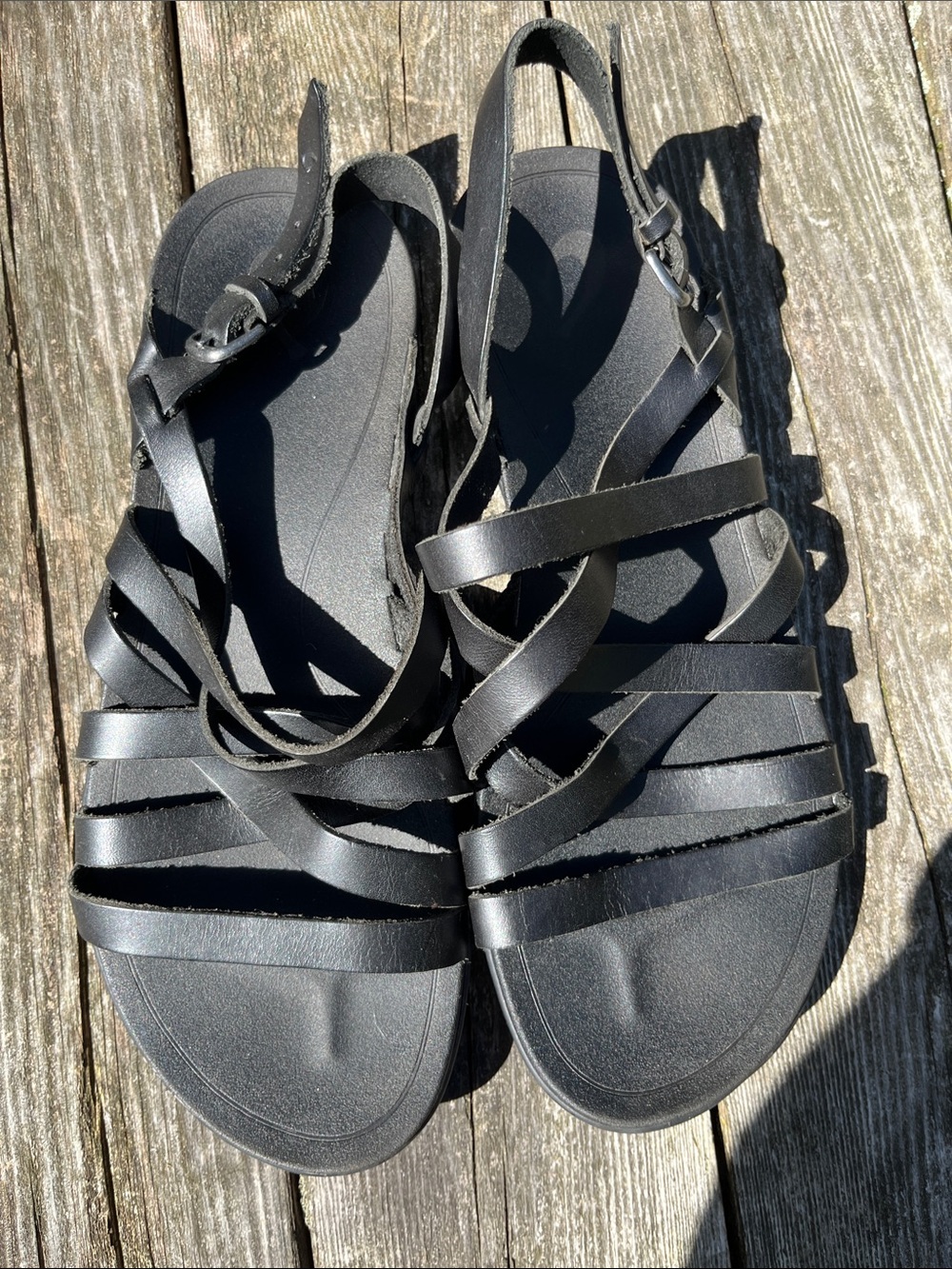 OluKai Black Strappy Leather Flat Sandals